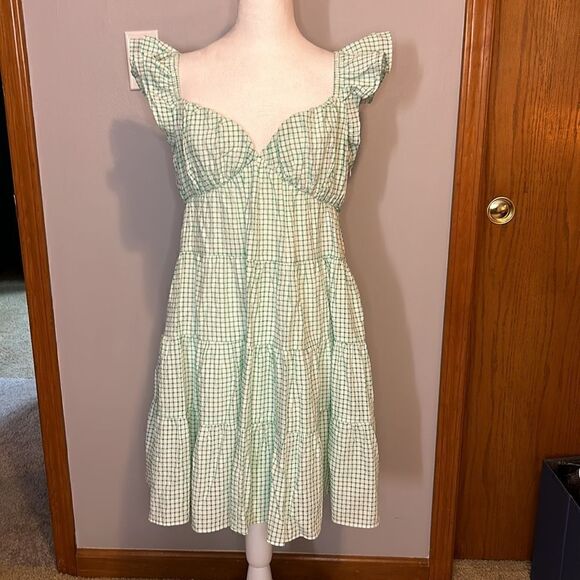 English Factory green and white checkered mini tiered dress NEW size S - Picture 3 of 8